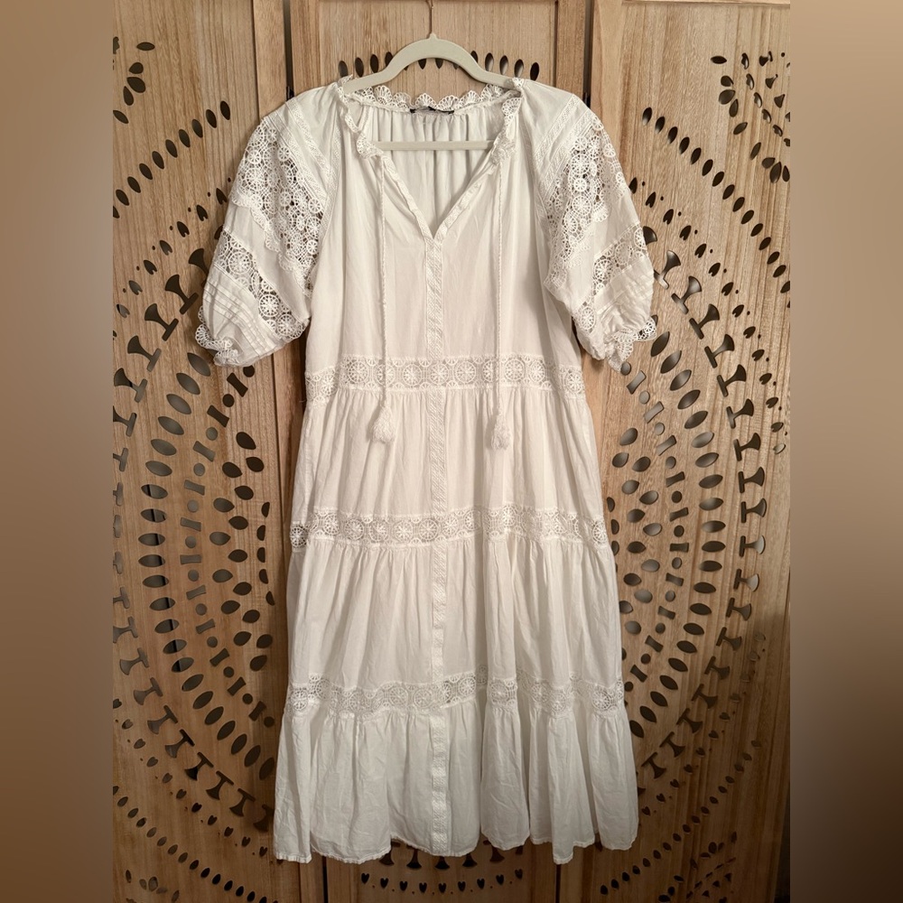En Saison White Cotton Lace-Trim Midi Dress